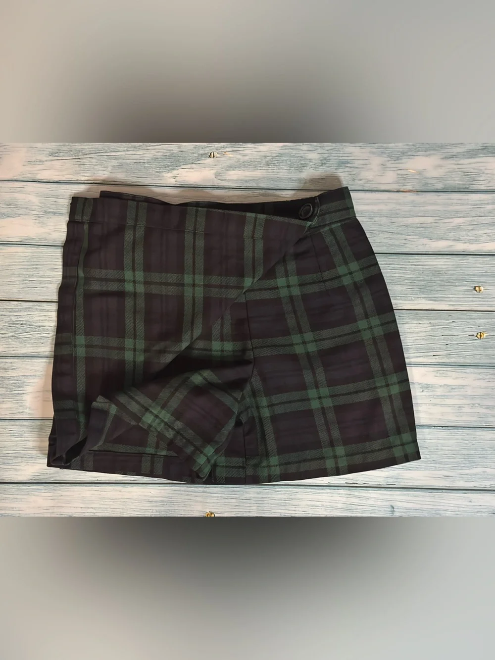 Two Pleated Mini Skirt Skorts School Uniform Navy & Green Plaid Wrap Skirt